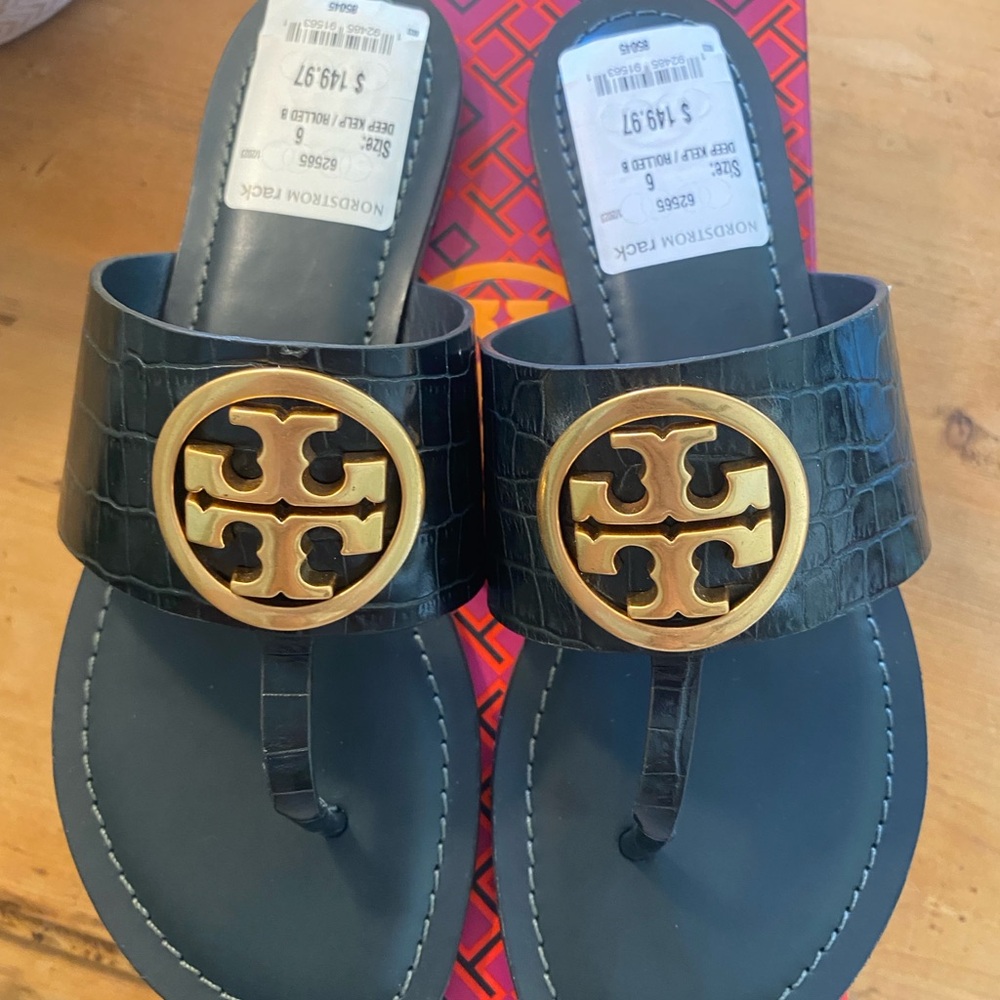 Tory Burch Black Croc-Embossed Thong Sandals with Gold Logo